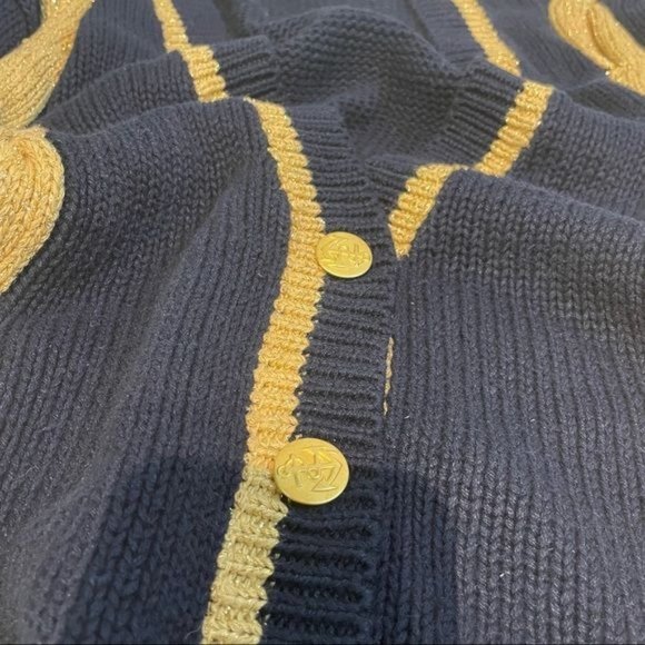 VINTAGE PREPPY NAUTICAL NAVY METALLIC GOLD CABLE ANCHOR BUTTON CARDIGAN MEDIUM - Picture 4 of 5